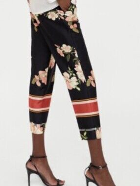Zara Black Floral Cropped Trousers with Coral & Cream Print